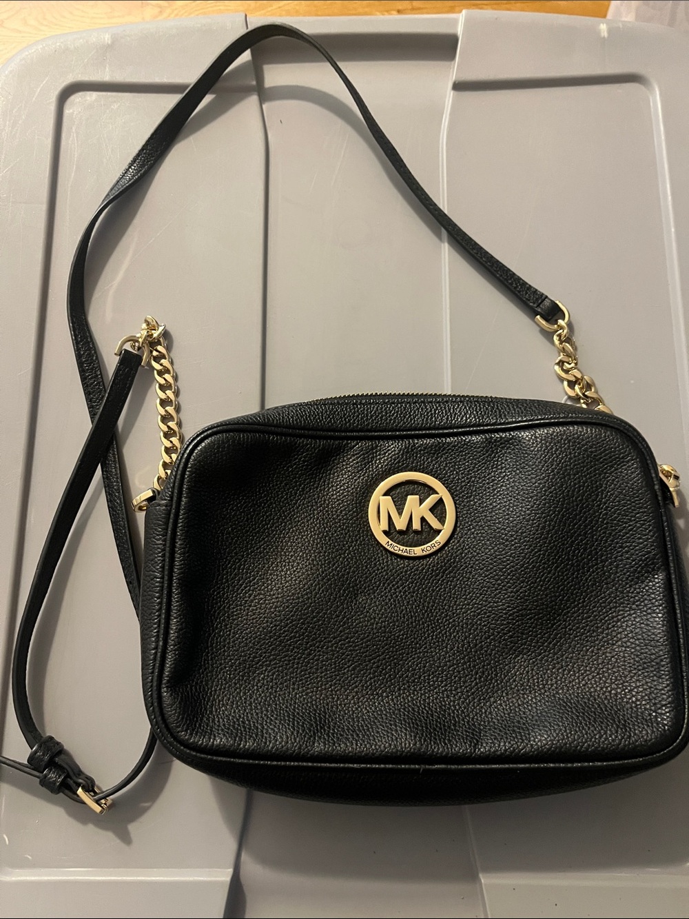 Michael Kors Black Pebbled Leather Crossbody with Gold MK Emblem